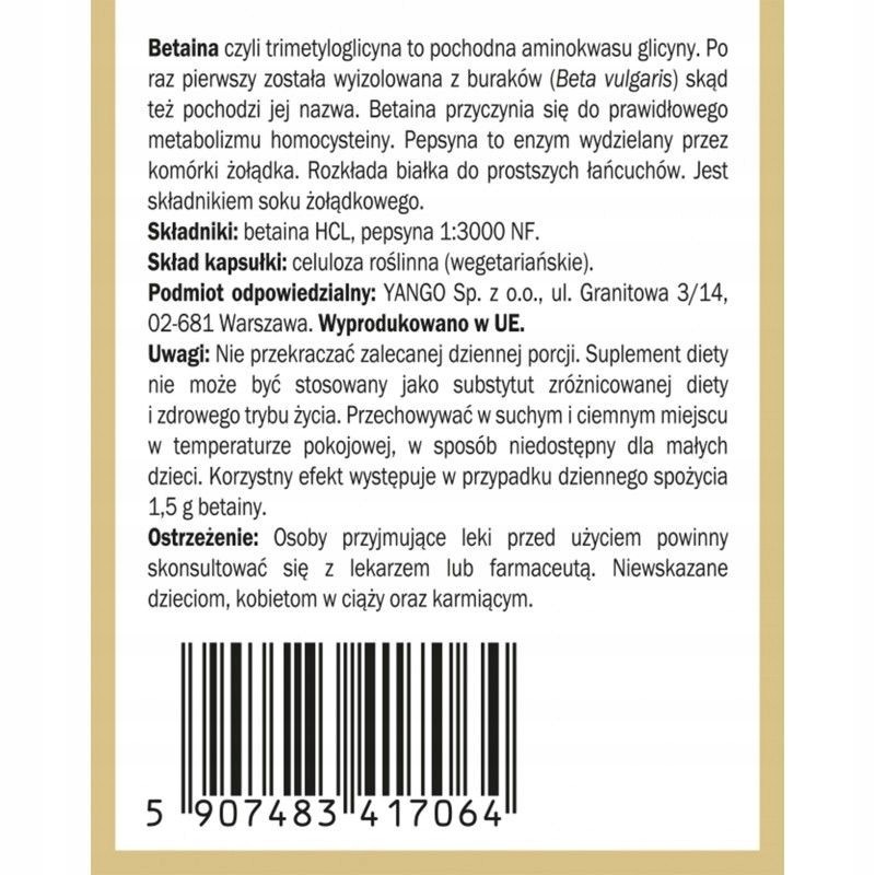 Yango BETAINA HCL + PEPSYNA niska zawart. kwasu sol. w żołądku